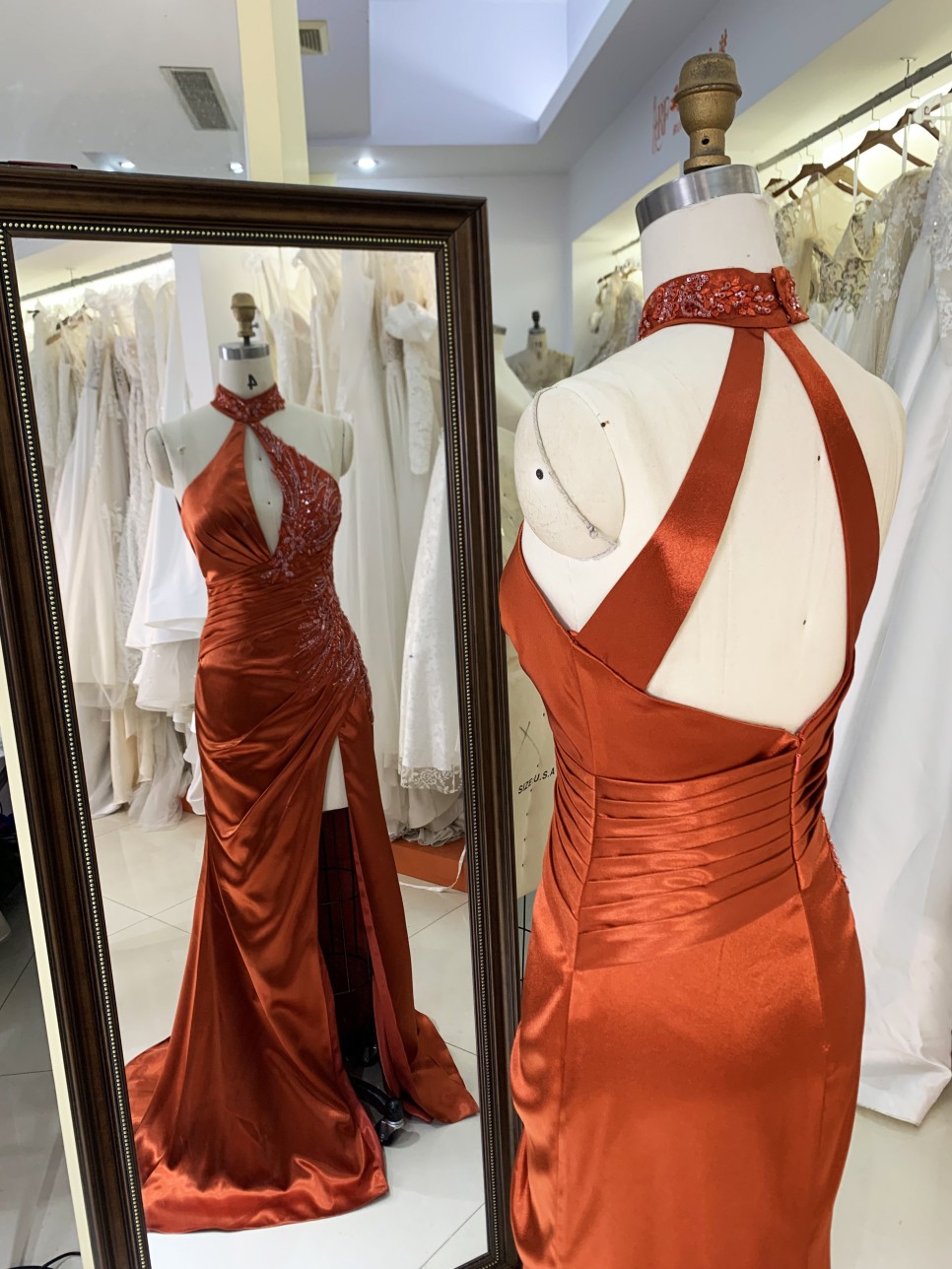 2025 Unique Burnt-Orange Halter Side Beads Mermaid Bridesmaid Dresses with Slit Long Satin Prom Dresses for Women Party Gowns