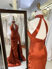 2025 Unique Burnt-Orange Halter Side Beads Mermaid Bridesmaid Dresses with Slit Long Satin Prom Dresses for Women Party Gowns