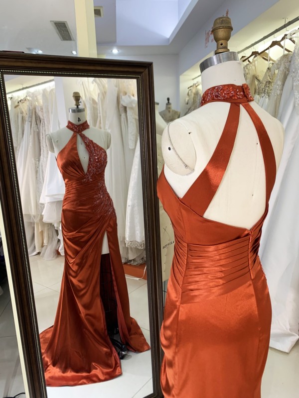 2025 Unique Burnt-Orange Halter Side Beads Mermaid Bridesmaid Dresses with Slit Long Satin Prom Dresses for Women Party Gowns