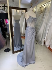 2025 Elegant Irregular Neck Sleeveless Crystal Beads Evening Dress with Stones Waist Pleat High Slit Zipper Back Party Dress
