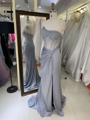 2025 Elegant Irregular Neck Sleeveless Crystal Beads Evening Dress with Stones Waist Pleat High Slit Zipper Back Party Dress