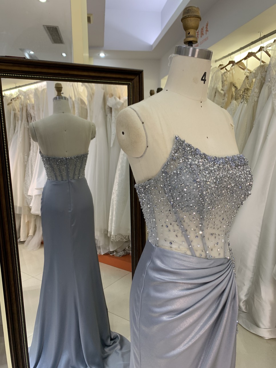 2025 Elegant Irregular Neck Sleeveless Crystal Beads Evening Dress with Stones Waist Pleat High Slit Zipper Back Party Dress