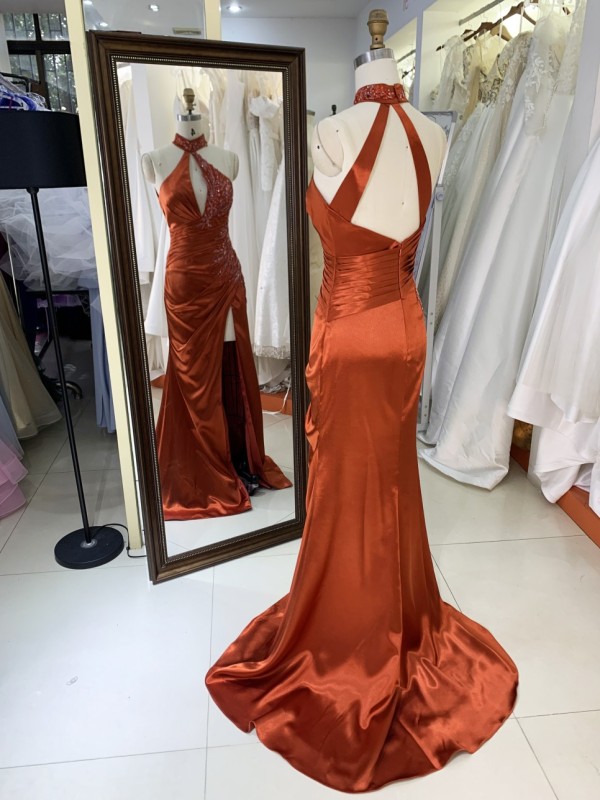 2025 Unique Burnt-Orange Halter Side Beads Mermaid Bridesmaid Dresses with Slit Long Satin Prom Dresses for Women Party Gowns