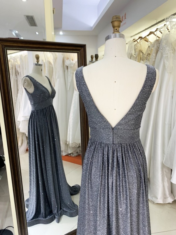 2026 Elegant Floor-Length Evening Dress with V Neck Glitter Material Zipper Back & Embroidery for Party Prom Dress