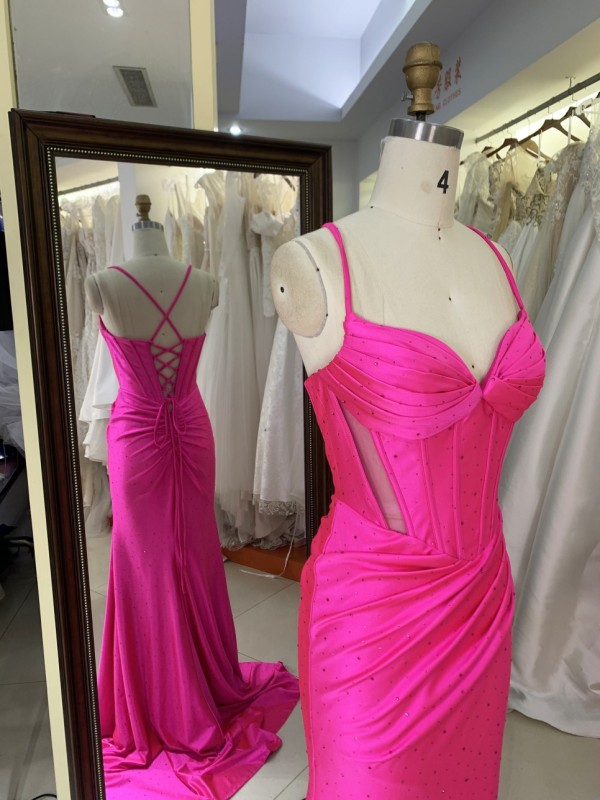 2026 Hot pink Stylish Lace up Back Pleated Satin Slit with Rhinestones Bodice Fitted Prom Dress