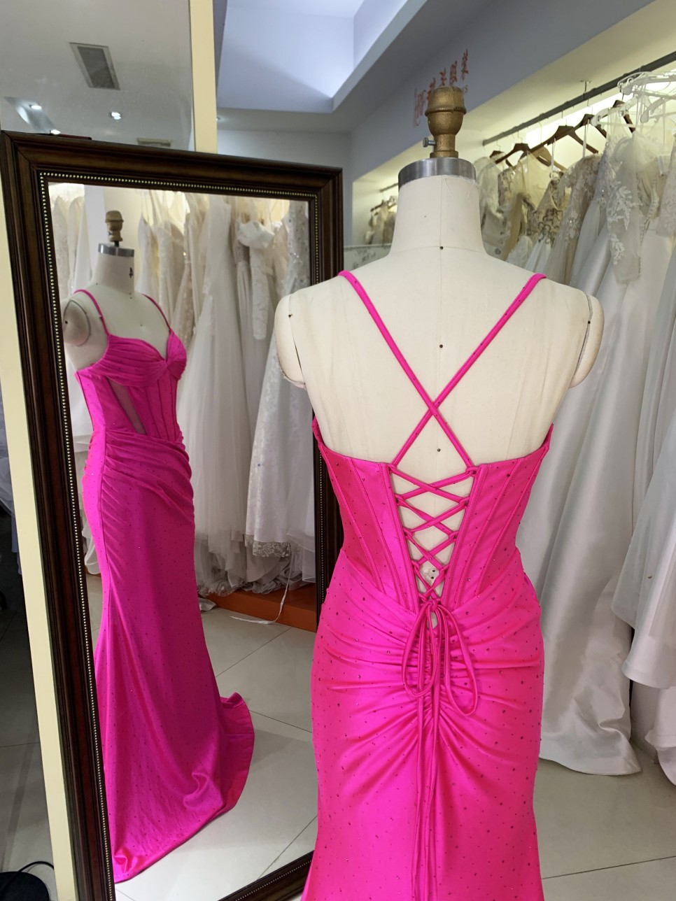 2026 Hot pink Stylish Lace up Back Pleated Satin Slit with Rhinestones Bodice Fitted Prom Dress