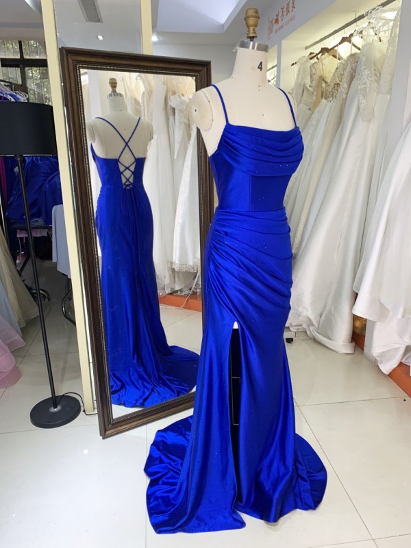 Hot Designs Manufacturer Satin Maxi Dress Evening Party with Lace up Back Split Slim Party Evening Dress