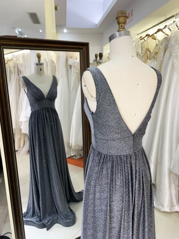 2026 Elegant Floor-Length Evening Dress with V Neck Glitter Material Zipper Back & Embroidery for Party Prom Dress