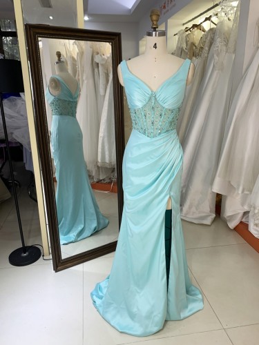 2025 Custom Light Blue Spaghetti Prom Dresses V-Neck Mermaid Crystal Beads Formal Party Dress with Slit Long Satin for Women
