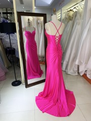 2026 Hot pink Stylish Lace up Back Pleated Satin Slit with Rhinestones Bodice Fitted Prom Dress