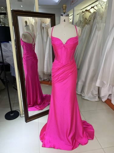 2026 Hot pink Stylish Lace up Back Pleated Satin Slit with Rhinestones Bodice Fitted Prom Dress
