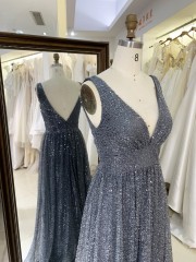 2026 Elegant A-Line Sparkling Fabric Evening Dress Deep V Neck Wholesale for Women Party Style with Embroidery Decoration