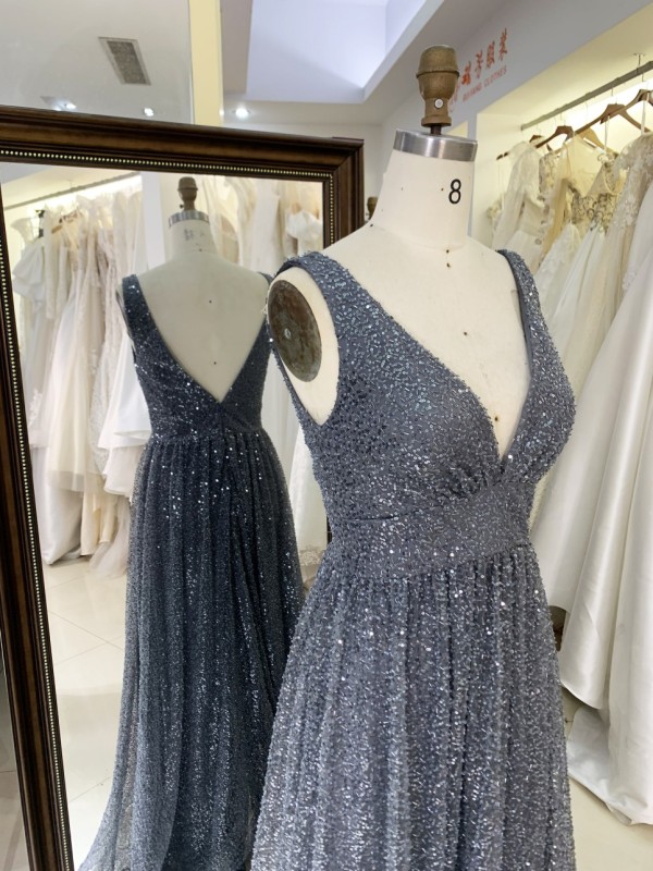 2026 Elegant A-Line Sparkling Fabric Evening Dress Deep V Neck Wholesale for Women Party Style with Embroidery Decoration