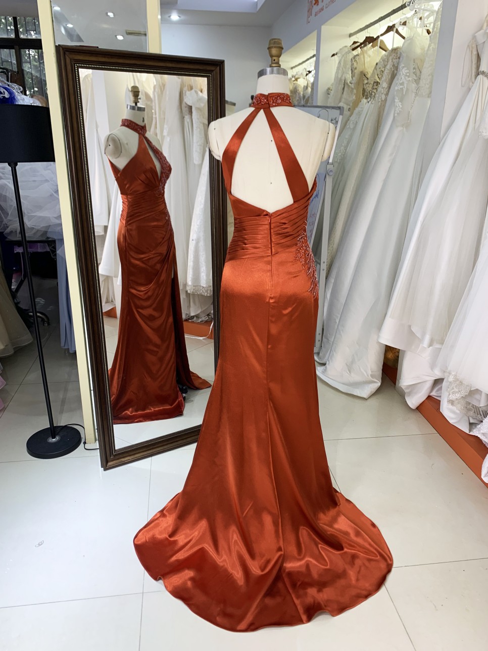 2025 Unique Burnt-Orange Halter Side Beads Mermaid Bridesmaid Dresses with Slit Long Satin Prom Dresses for Women Party Gowns