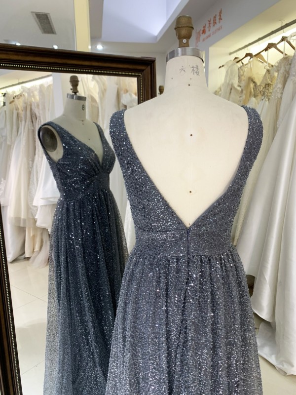 2026 Elegant A-Line Sparkling Fabric Evening Dress Deep V Neck Wholesale for Women Party Style with Embroidery Decoration