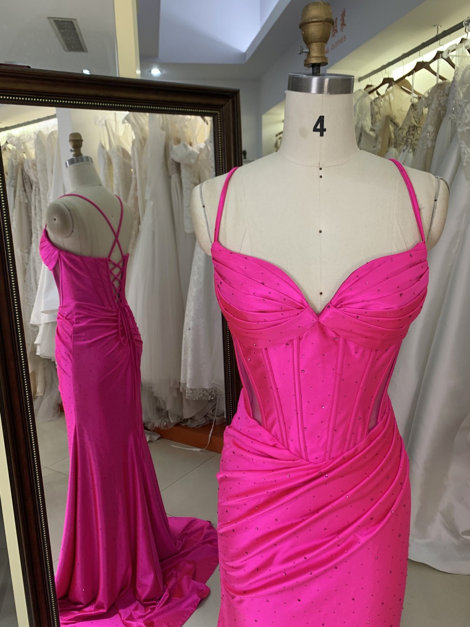 2026 Hot pink Stylish Lace up Back Pleated Satin Slit with Rhinestones Bodice Fitted Prom Dress