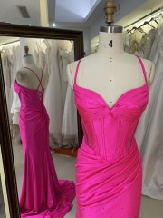 2026 Hot pink Stylish Lace up Back Pleated Satin Slit with Rhinestones Bodice Fitted Prom Dress