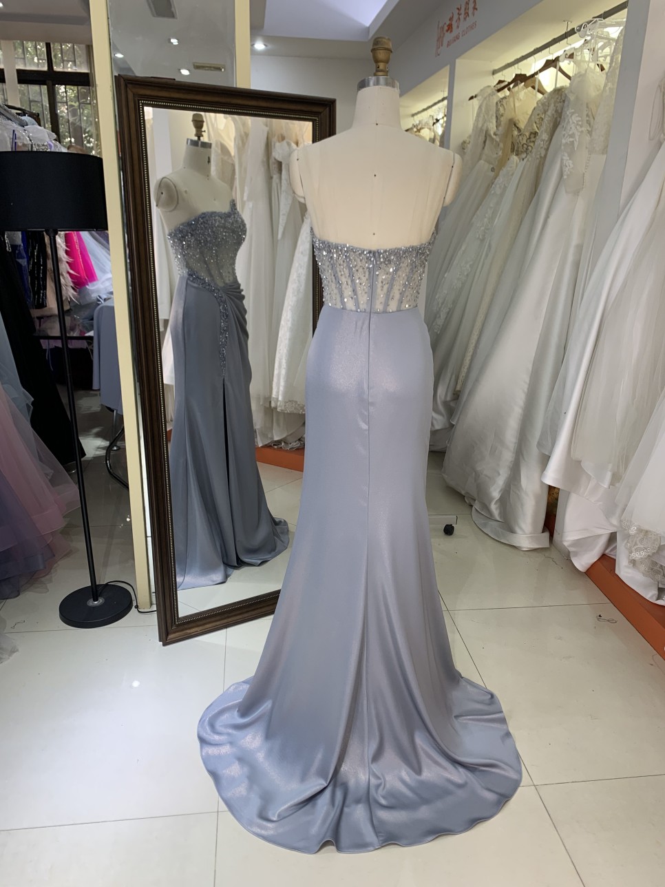 2025 Elegant Irregular Neck Sleeveless Crystal Beads Evening Dress with Stones Waist Pleat High Slit Zipper Back Party Dress