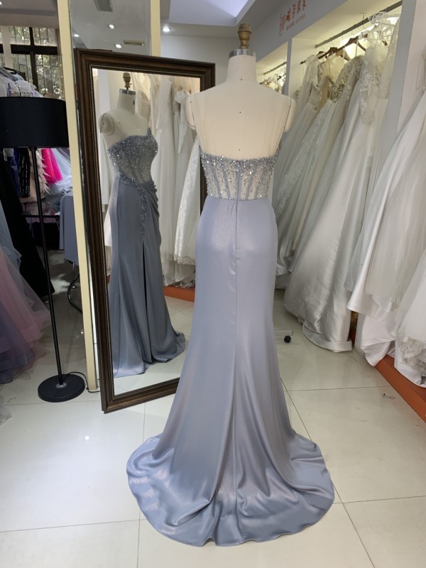 2025 Elegant Irregular Neck Sleeveless Crystal Beads Evening Dress with Stones Waist Pleat High Slit Zipper Back Party Dress