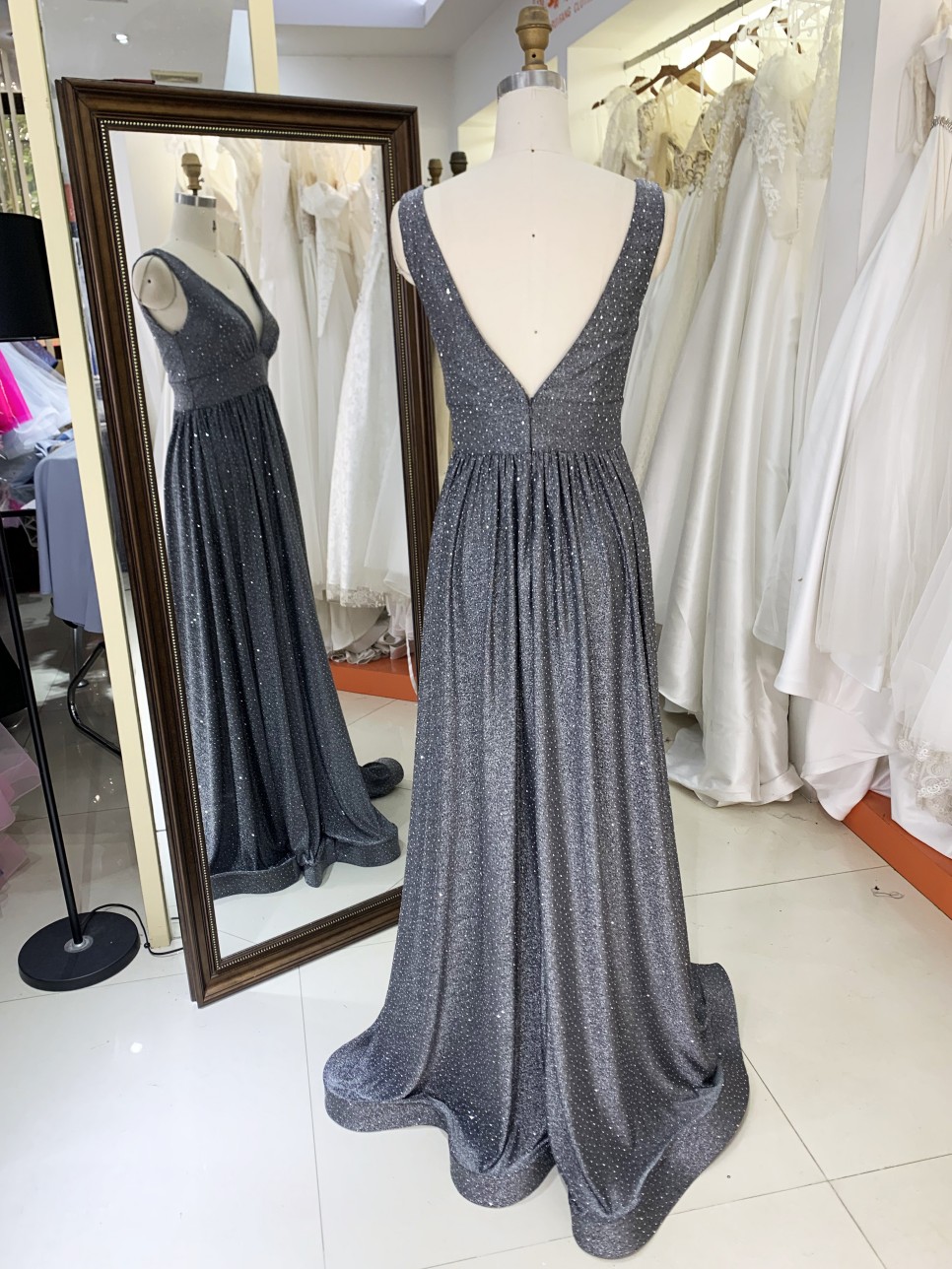 2026 Elegant Floor-Length Evening Dress with V Neck Glitter Material Zipper Back & Embroidery for Party Prom Dress