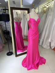 2026 Hot pink Stylish Lace up Back Pleated Satin Slit with Rhinestones Bodice Fitted Prom Dress