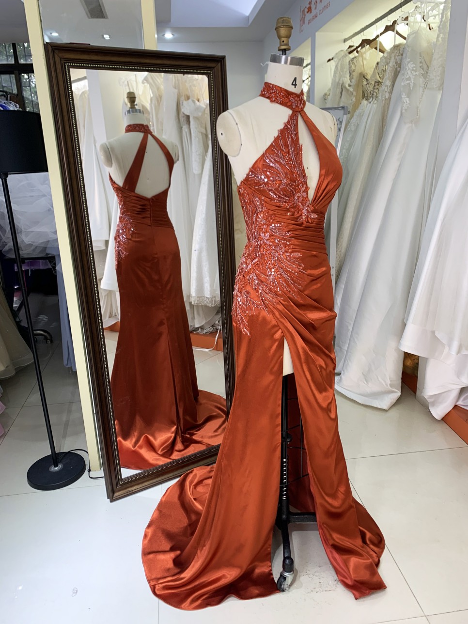 2025 Unique Burnt-Orange Halter Side Beads Mermaid Bridesmaid Dresses with Slit Long Satin Prom Dresses for Women Party Gowns