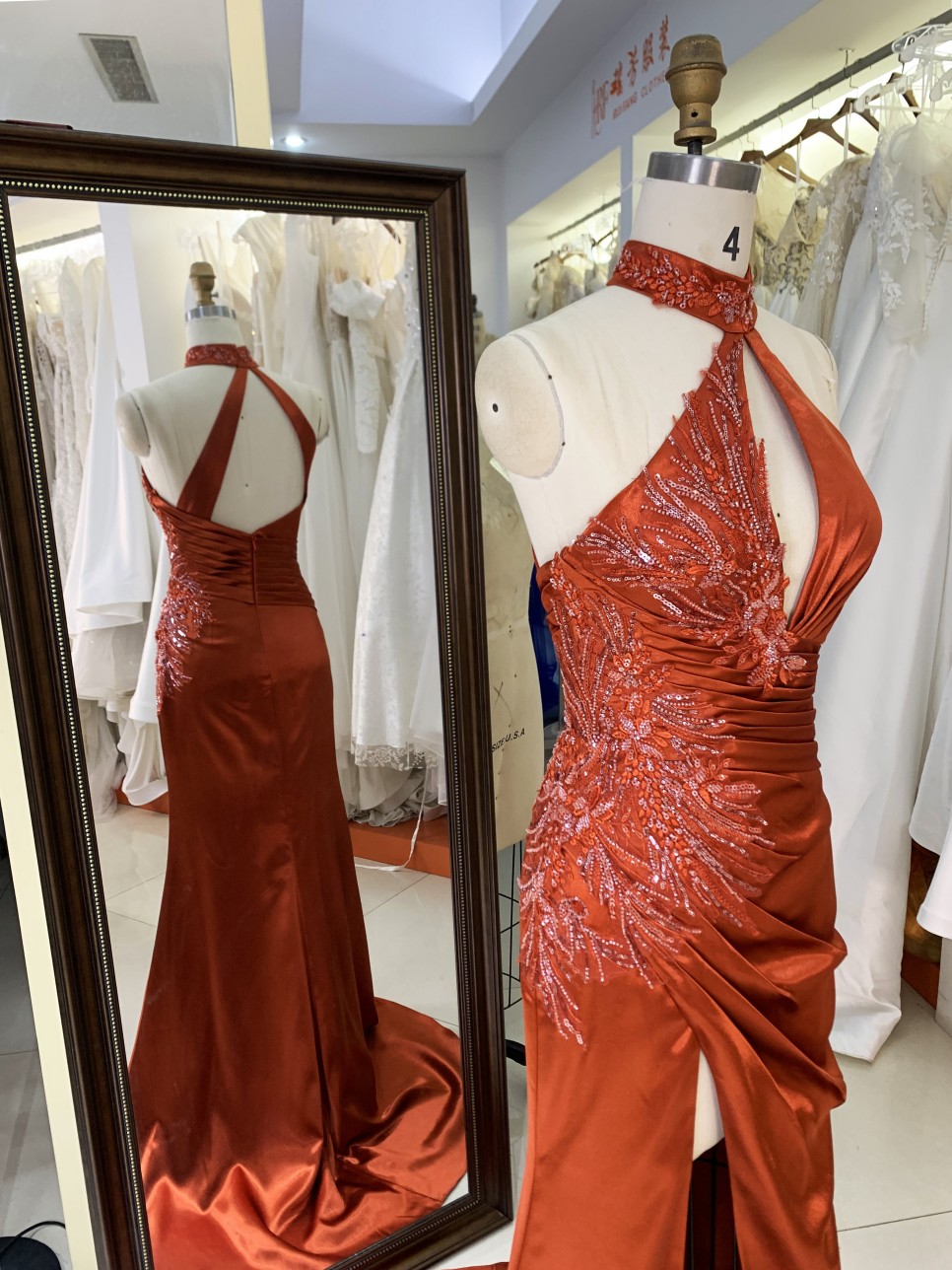 2025 Unique Burnt-Orange Halter Side Beads Mermaid Bridesmaid Dresses with Slit Long Satin Prom Dresses for Women Party Gowns