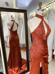 2025 Unique Burnt-Orange Halter Side Beads Mermaid Bridesmaid Dresses with Slit Long Satin Prom Dresses for Women Party Gowns