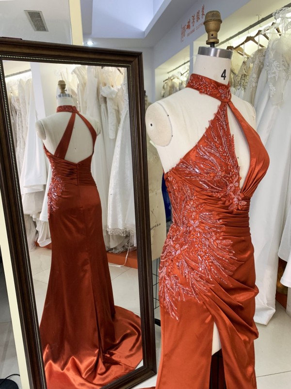 2025 Unique Burnt-Orange Halter Side Beads Mermaid Bridesmaid Dresses with Slit Long Satin Prom Dresses for Women Party Gowns