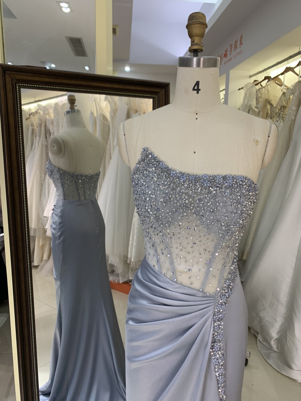 2025 Elegant Irregular Neck Sleeveless Crystal Beads Evening Dress with Stones Waist Pleat High Slit Zipper Back Party Dress