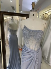 2025 Elegant Irregular Neck Sleeveless Crystal Beads Evening Dress with Stones Waist Pleat High Slit Zipper Back Party Dress