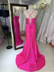 2026 Hot pink Stylish Lace up Back Pleated Satin Slit with Rhinestones Bodice Fitted Prom Dress