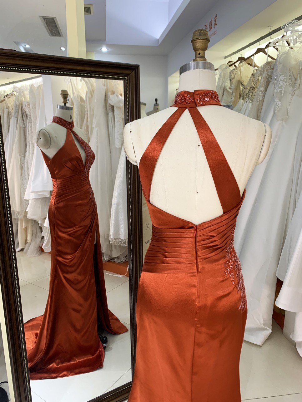 2025 Unique Burnt-Orange Halter Side Beads Mermaid Bridesmaid Dresses with Slit Long Satin Prom Dresses for Women Party Gowns