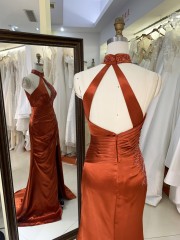 2025 Unique Burnt-Orange Halter Side Beads Mermaid Bridesmaid Dresses with Slit Long Satin Prom Dresses for Women Party Gowns