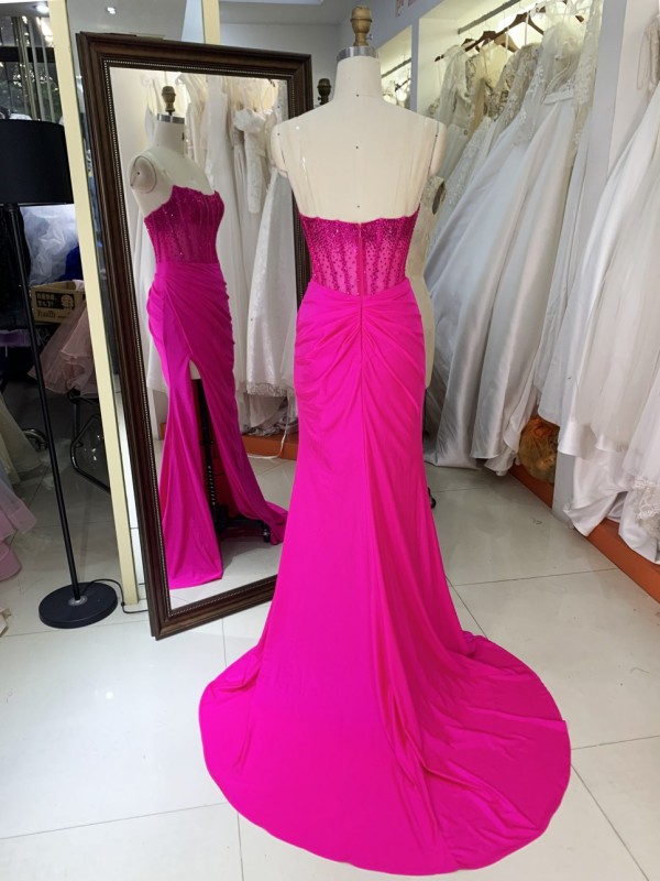 2025 High Quality Wholesale Fitted Prom Dress Rhinestone Mermaid Strapless Rhinestone Pleated Long Satin Fabric Prom Dress