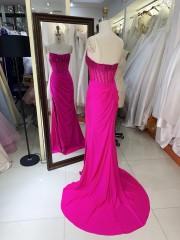 2025 High Quality Wholesale Fitted Prom Dress Rhinestone Mermaid Strapless Rhinestone Pleated Long Satin Fabric Prom Dress
