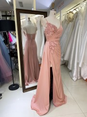 2025 New Elegant V-Neck Satin Evening Dress with Leaf Motif Rhinestones Daring High Slit - Crystal Embellished Party Dress