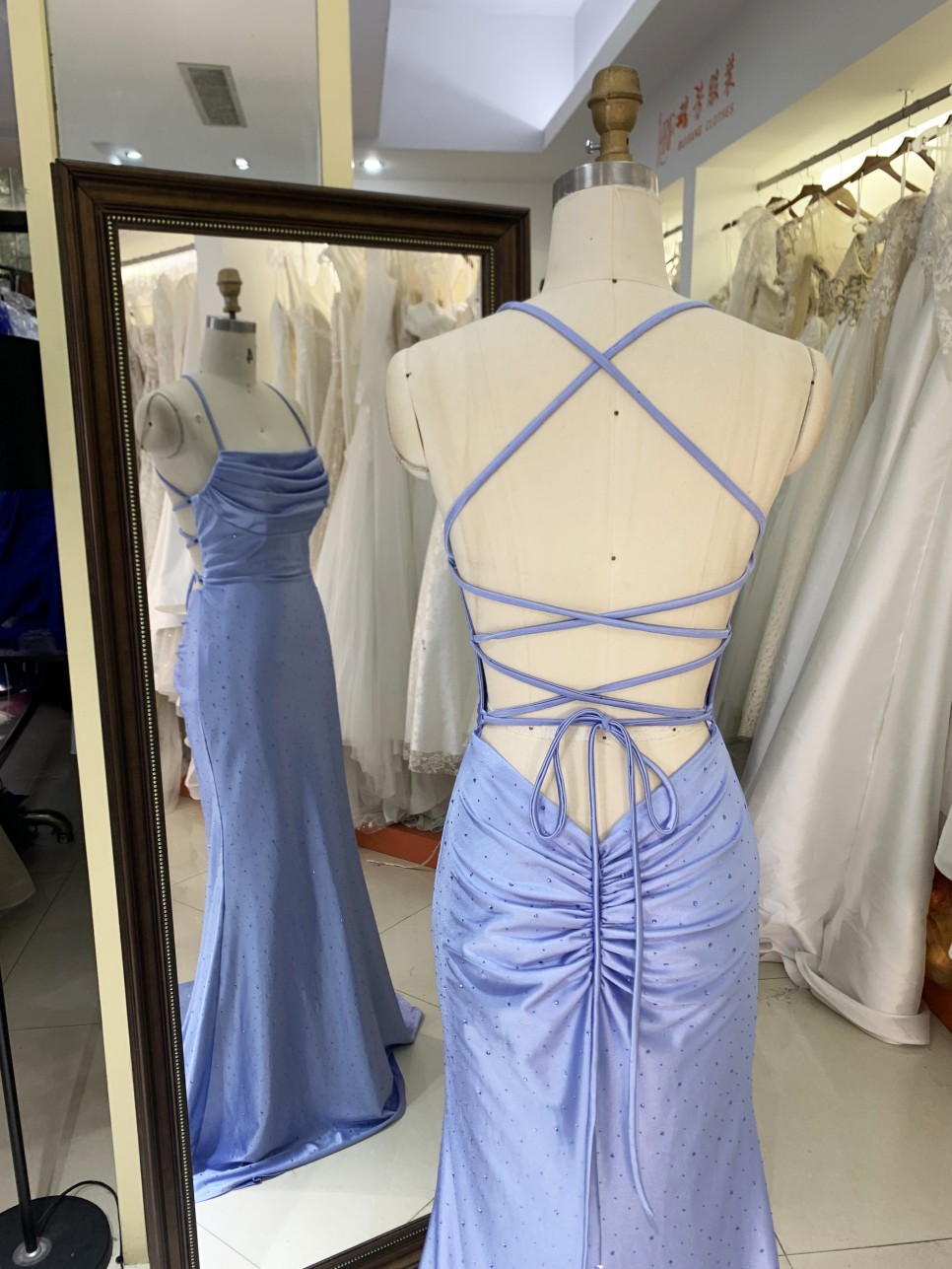 2025 Stunning Light Blue Mermaid Prom Dress Sparkly Formal Evening Gown with Rhinestone Swing Collar Embellishment Party Style