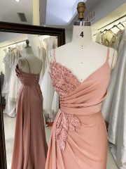 2025 New Elegant V-Neck Satin Evening Dress with Leaf Motif Rhinestones Daring High Slit - Crystal Embellished Party Dress