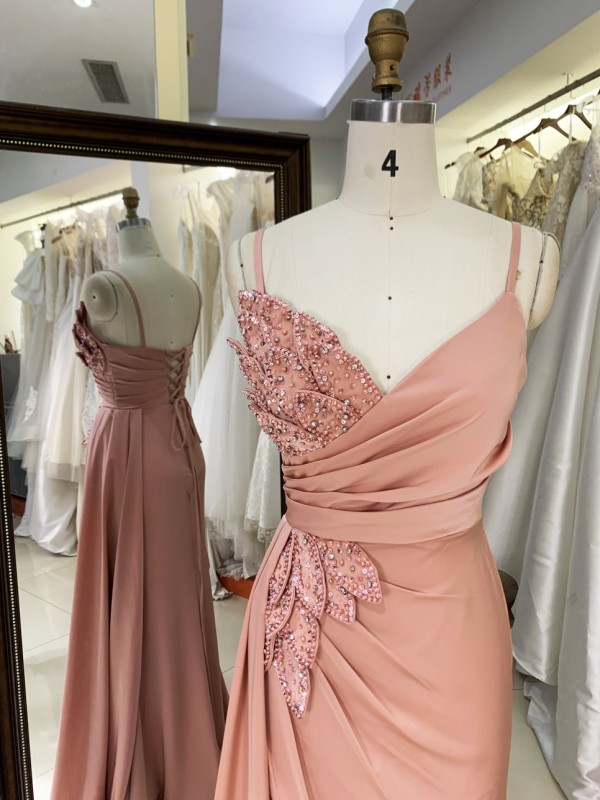 2025 New Elegant V-Neck Satin Evening Dress with Leaf Motif Rhinestones Daring High Slit - Crystal Embellished Party Dress