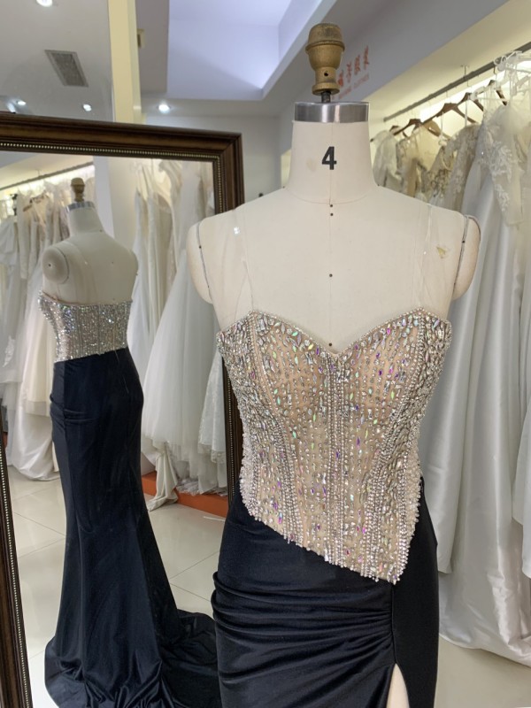 Black Satin Mermaid Dresses Nude Tassel Beaded Shoulder Chain Hand Pleated Corset Bodice Natural Waistline for Parties-Wholesale