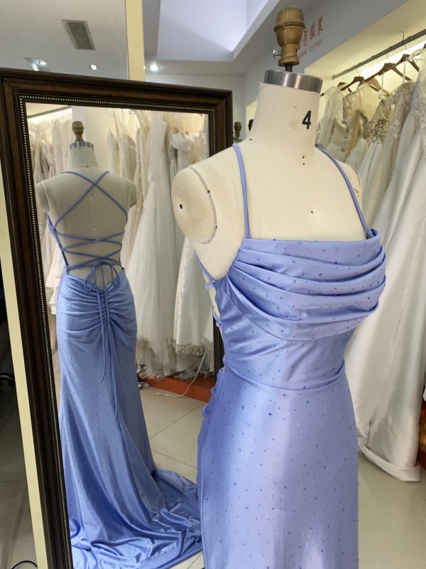 2025 Stunning Light Blue Mermaid Prom Dress Sparkly Formal Evening Gown with Rhinestone Swing Collar Embellishment Party Style