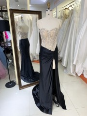 Black Satin Mermaid Dresses Nude Tassel Beaded Shoulder Chain Hand Pleated Corset Bodice Natural Waistline for Parties-Wholesale