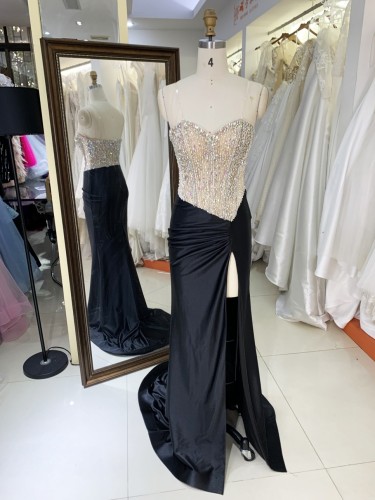 Black Satin Mermaid Dresses Nude Tassel Beaded Shoulder Chain Hand Pleated Corset Bodice Natural Waistline for Parties-Wholesale