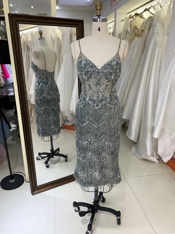 Elegant Ladies Evening Prom Dress 2026 Wholesale V-Neck Midi Length Tassel Sequins Beading Embroidery Natural for Parties