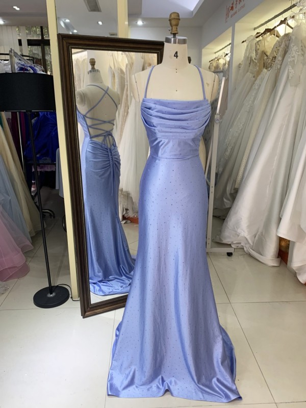 2025 Stunning Light Blue Mermaid Prom Dress Sparkly Formal Evening Gown with Rhinestone Swing Collar Embellishment Party Style