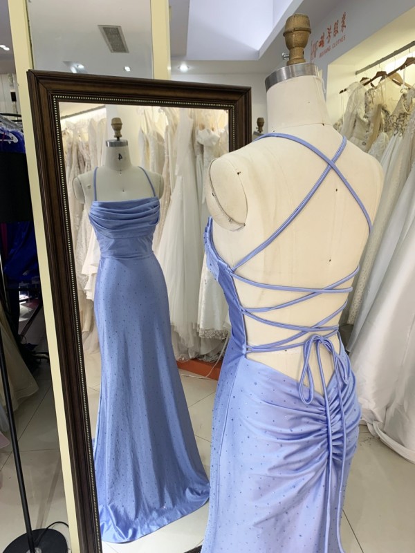 2025 Stunning Light Blue Mermaid Prom Dress Sparkly Formal Evening Gown with Rhinestone Swing Collar Embellishment Party Style