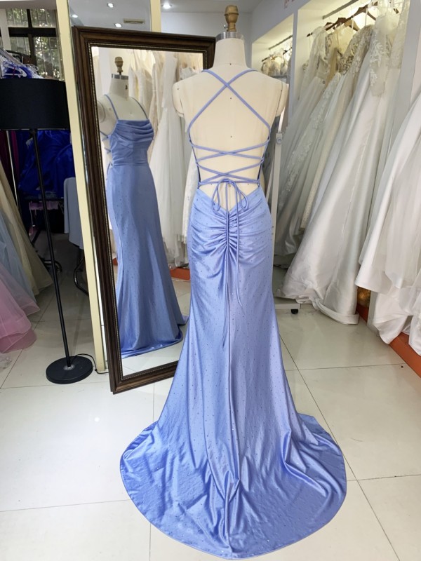 2025 Stunning Light Blue Mermaid Prom Dress Sparkly Formal Evening Gown with Rhinestone Swing Collar Embellishment Party Style