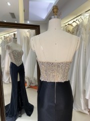 Black Satin Mermaid Dresses Nude Tassel Beaded Shoulder Chain Hand Pleated Corset Bodice Natural Waistline for Parties-Wholesale