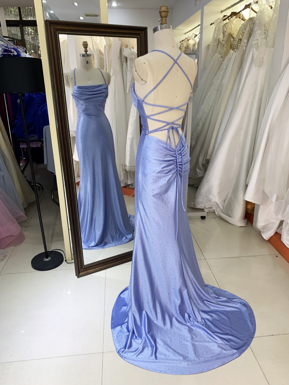 2025 Stunning Light Blue Mermaid Prom Dress Sparkly Formal Evening Gown with Rhinestone Swing Collar Embellishment Party Style